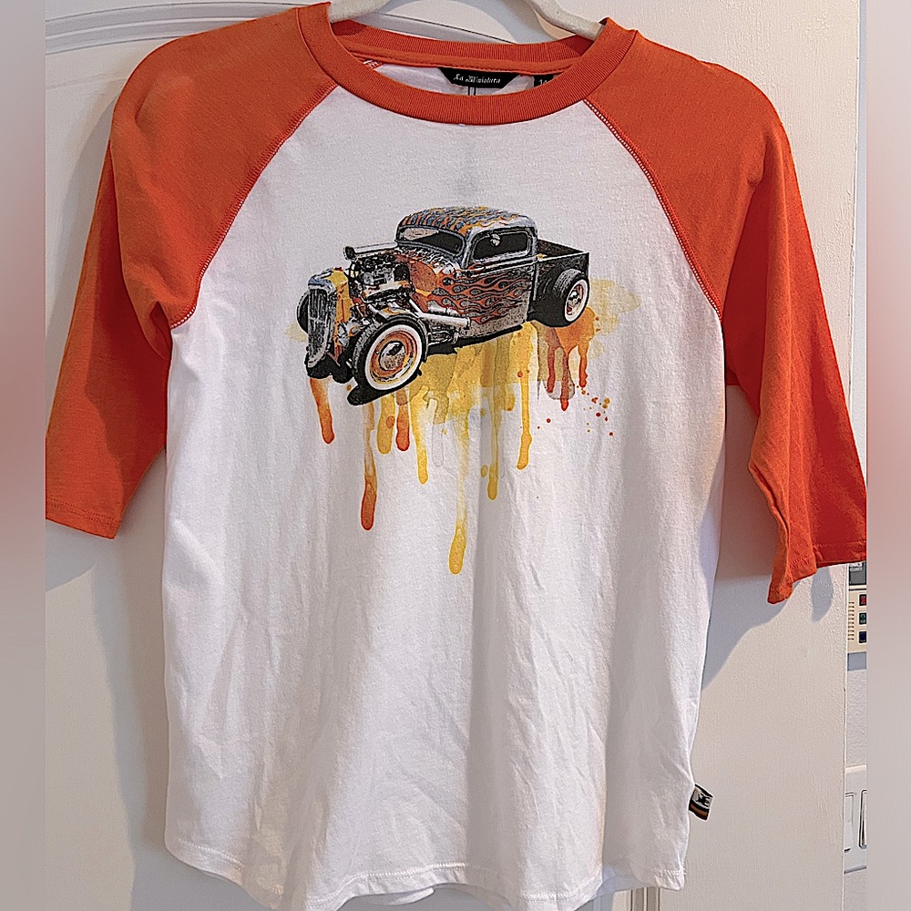 LA MINIATURA -  RARE Hot Rod White with 3/4” Orange raglan sleeves. NWT Boys 14